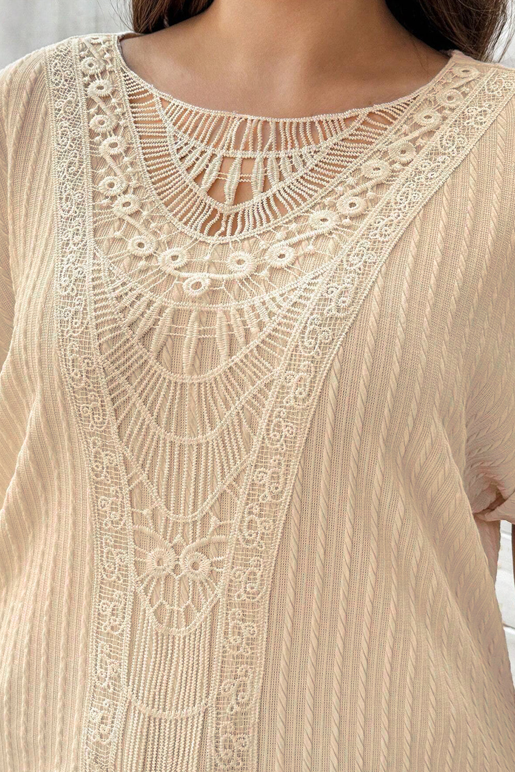 Plus Size Lace Crochet Cable Knit Cuffed Sleeve Top - Plus Size XL-4XL - View 6