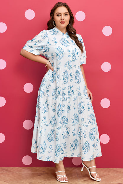Plus Size Geometric Floral Print Button Maxi Dress - Plus Size XL-4XL - View 5