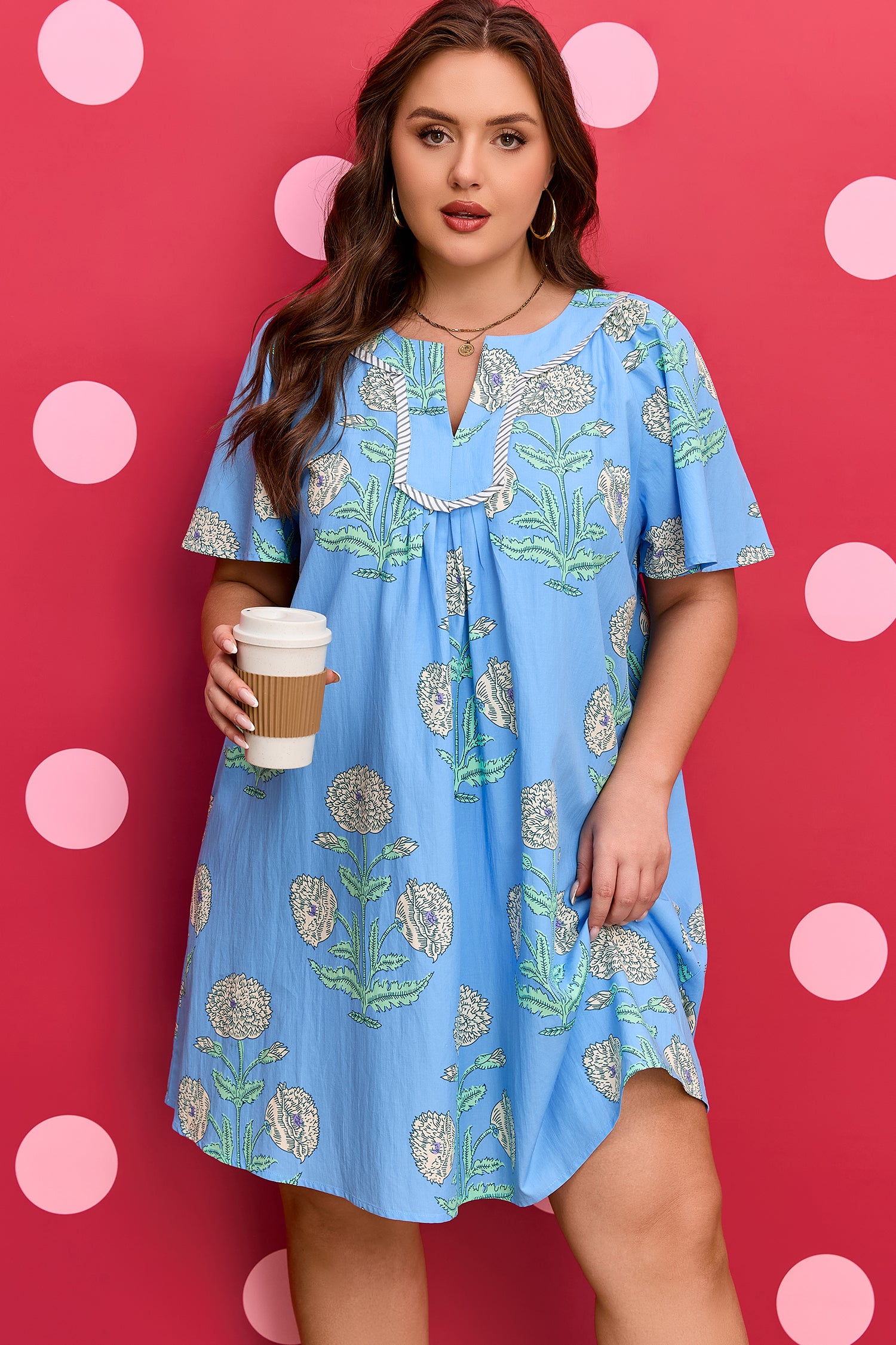 Plus Size Floral Split Neck Mini Dress Short Sleeve - Plus Size XL-4XL - View 1