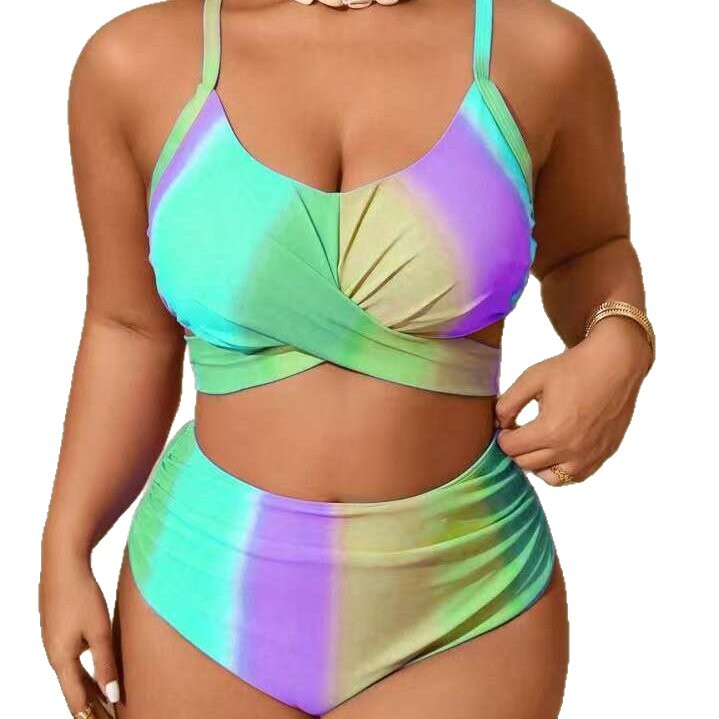 Plus Size Rainbow Stripe Two-Piece Bikini Swimwear