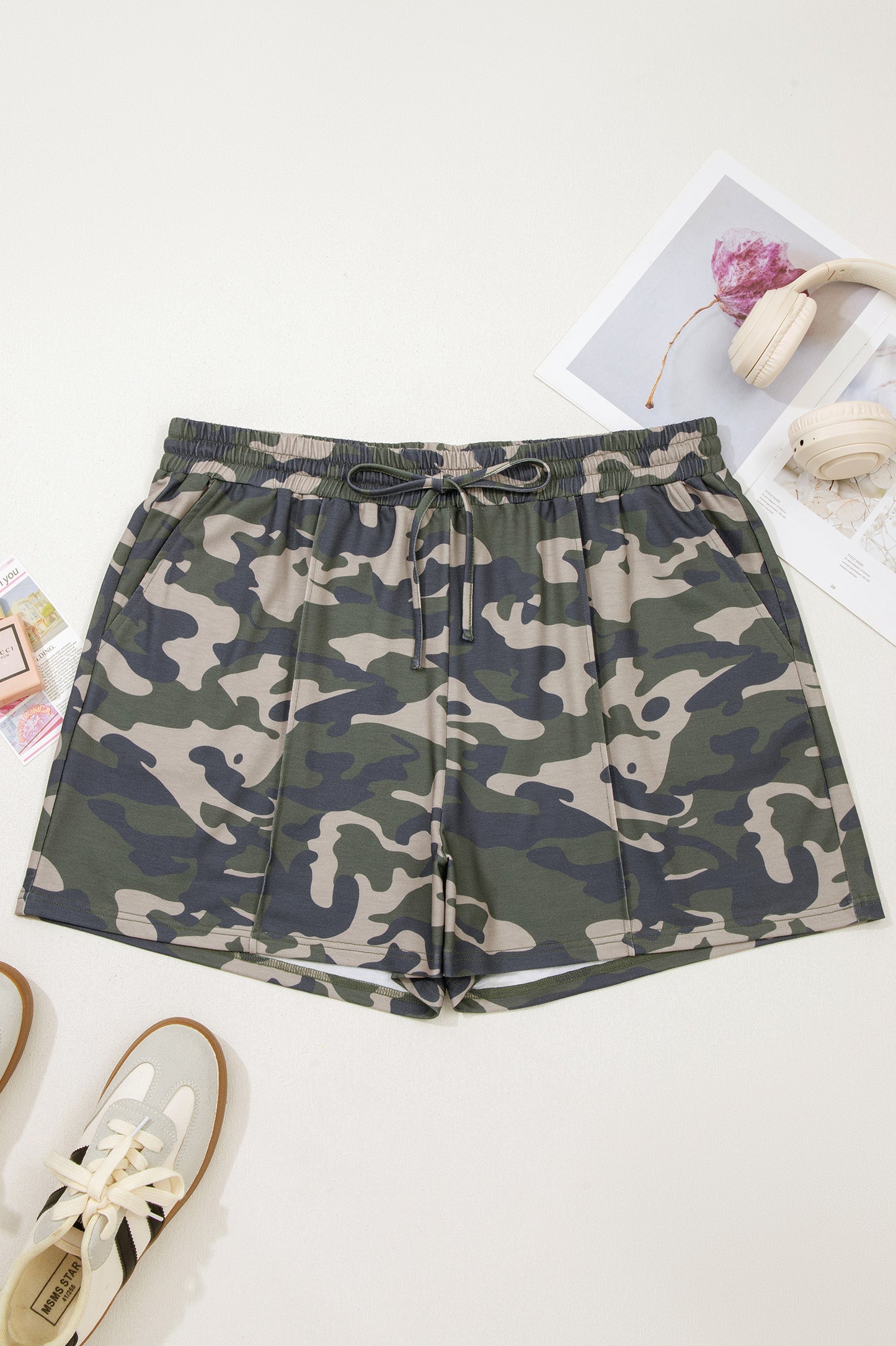 Plus Size Camo Shorts with Elastic Waist Tie and Pockets
