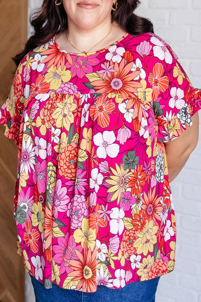 Plus Size Floral Ruffle Short Sleeve Blouse - Plus Size XL-4XL - View 1