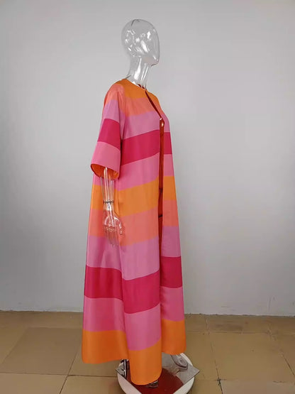 Plus Size Striped Big Swing 3/4 Sleeve Maxi Coverup