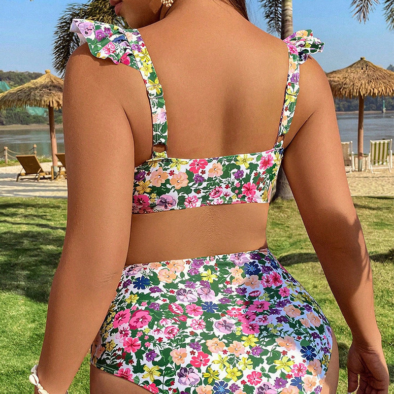 Plus Size Floral Ruffle Push-Up Bikini Set