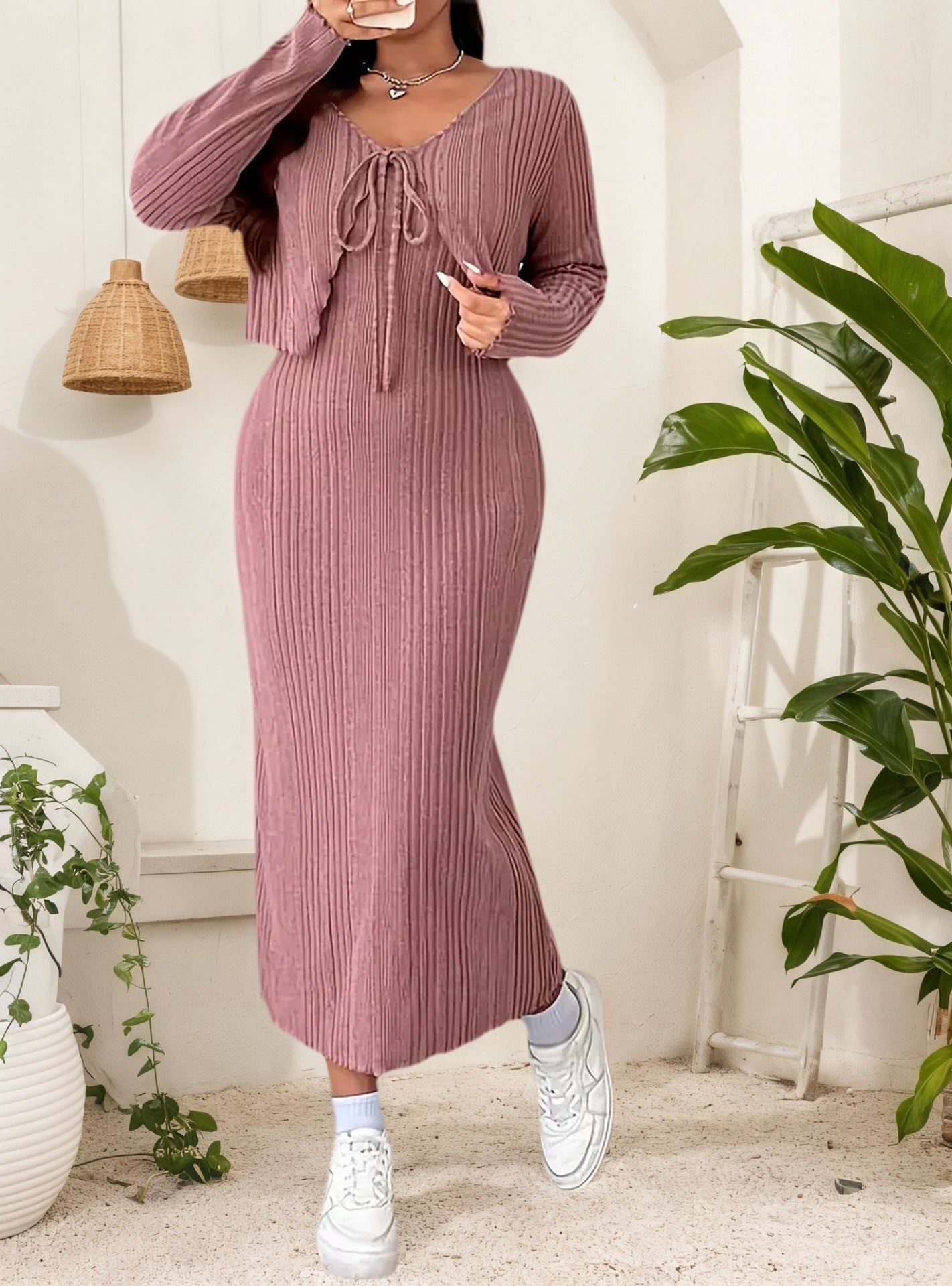 Plus Size Elegant Belted Two-Piece Dress Set