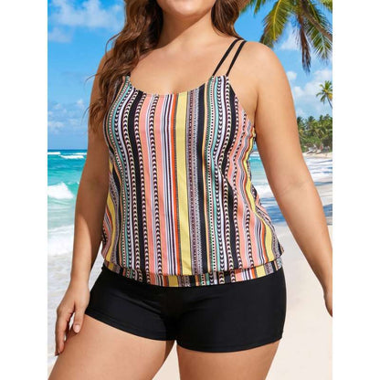 Plus Size Striped Tankini Two Piece Swimsuit - Plus Size Clothing