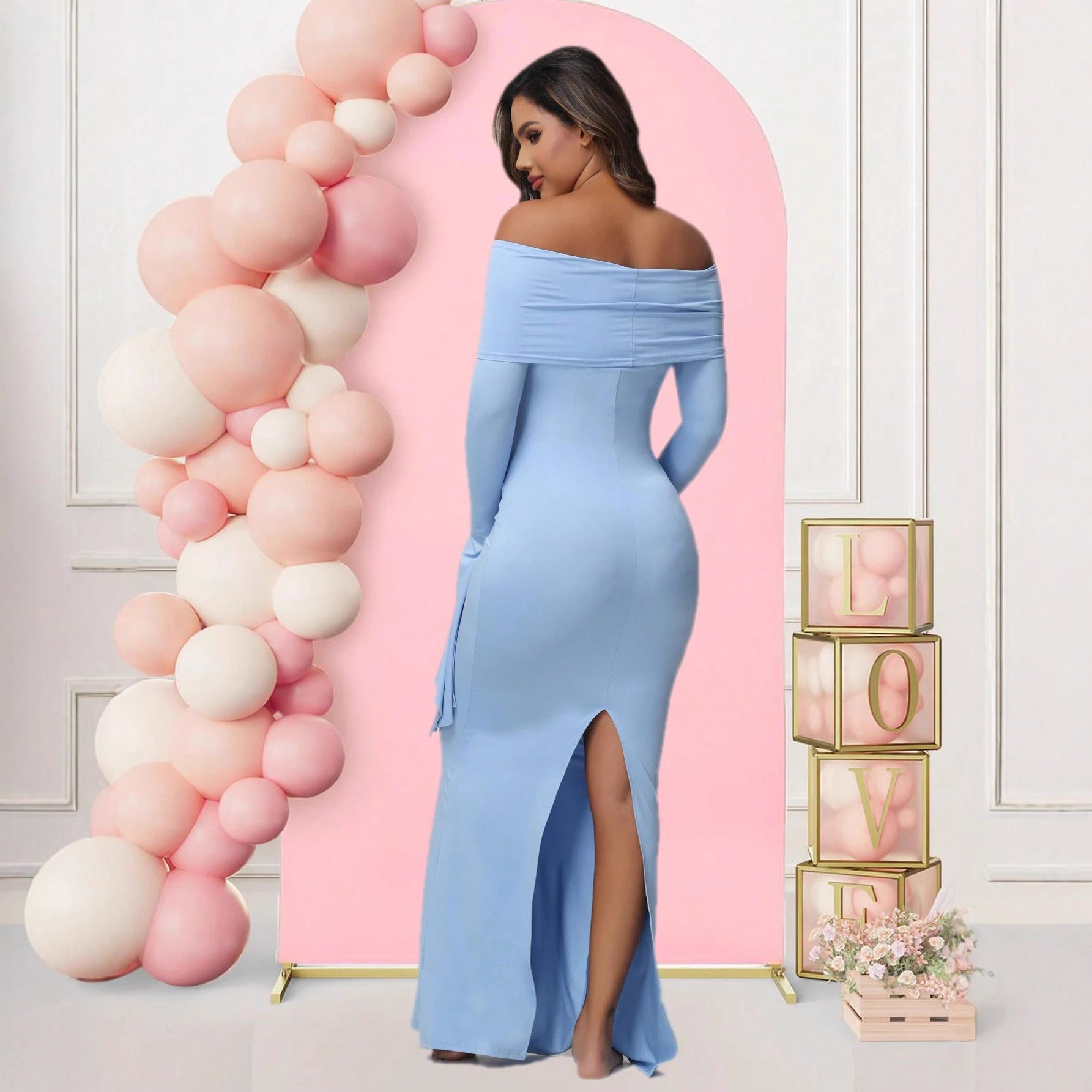 Flared Sleeve One-Shoulder Evening Dress Fitted Bodycon with Slit Maternity Dress - Plus Size Clothing