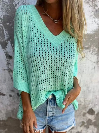 Plus Size Openwork V-Neck Knit Cover Up - Plus Size Clothing