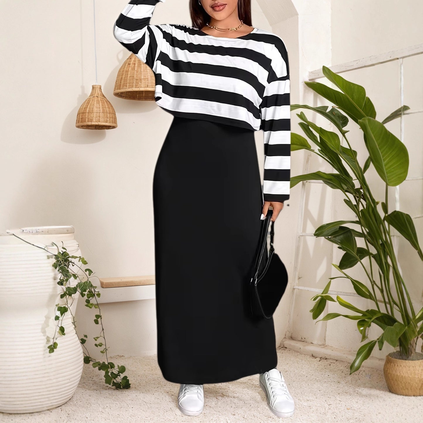 Plus Size Elegant Long Dress Set Striped