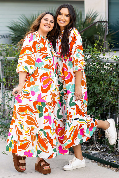 Plus Size Orange Floral Print Drawstring V Neck Tiered Dress - Plus Size XL-4XL - View 6