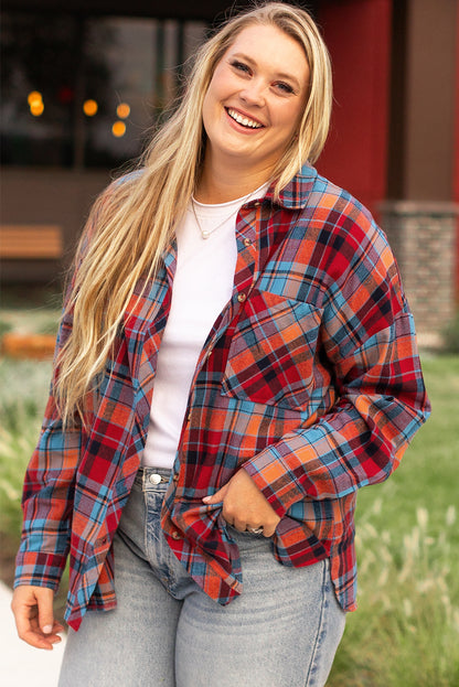Plus Size Red Plaid Print Buttoned Shirt - Plus Size XL-4XL - View 5