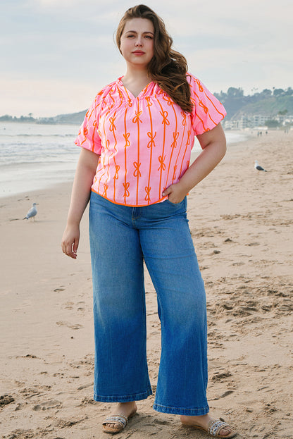 Plus Size Bowknot Print Shirred V Neck Puff Sleeve Blouse - Plus Size XL-4XL - View 7
