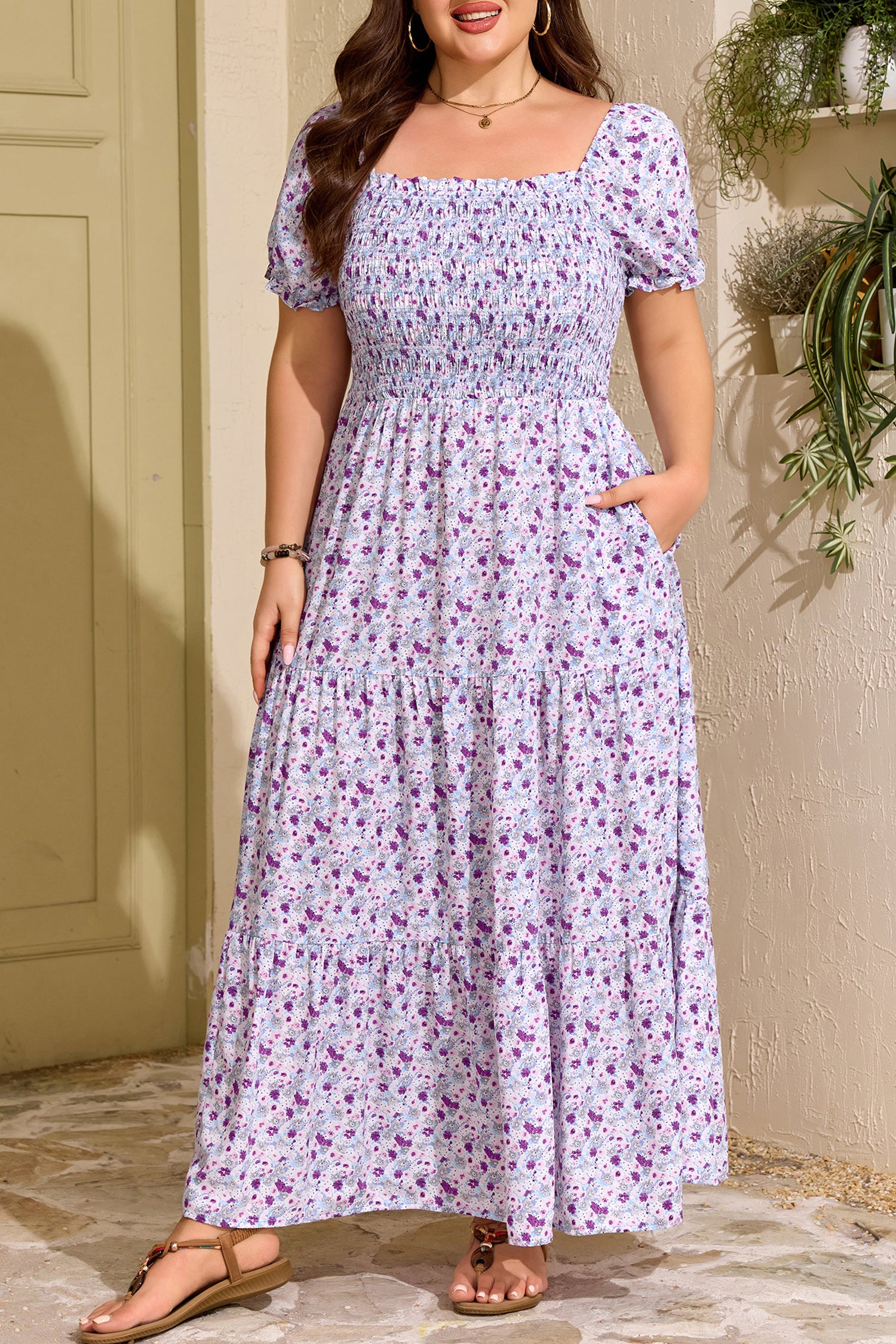Plus Size Floral Print Square Neck Smocked Maxi Dress - Plus Size XL-4XL - View 8
