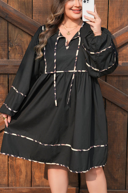 Plus Size Long Sleeve Leopard Tie Neck Flared Mini Dress - Plus Size XL-4XL - View 6