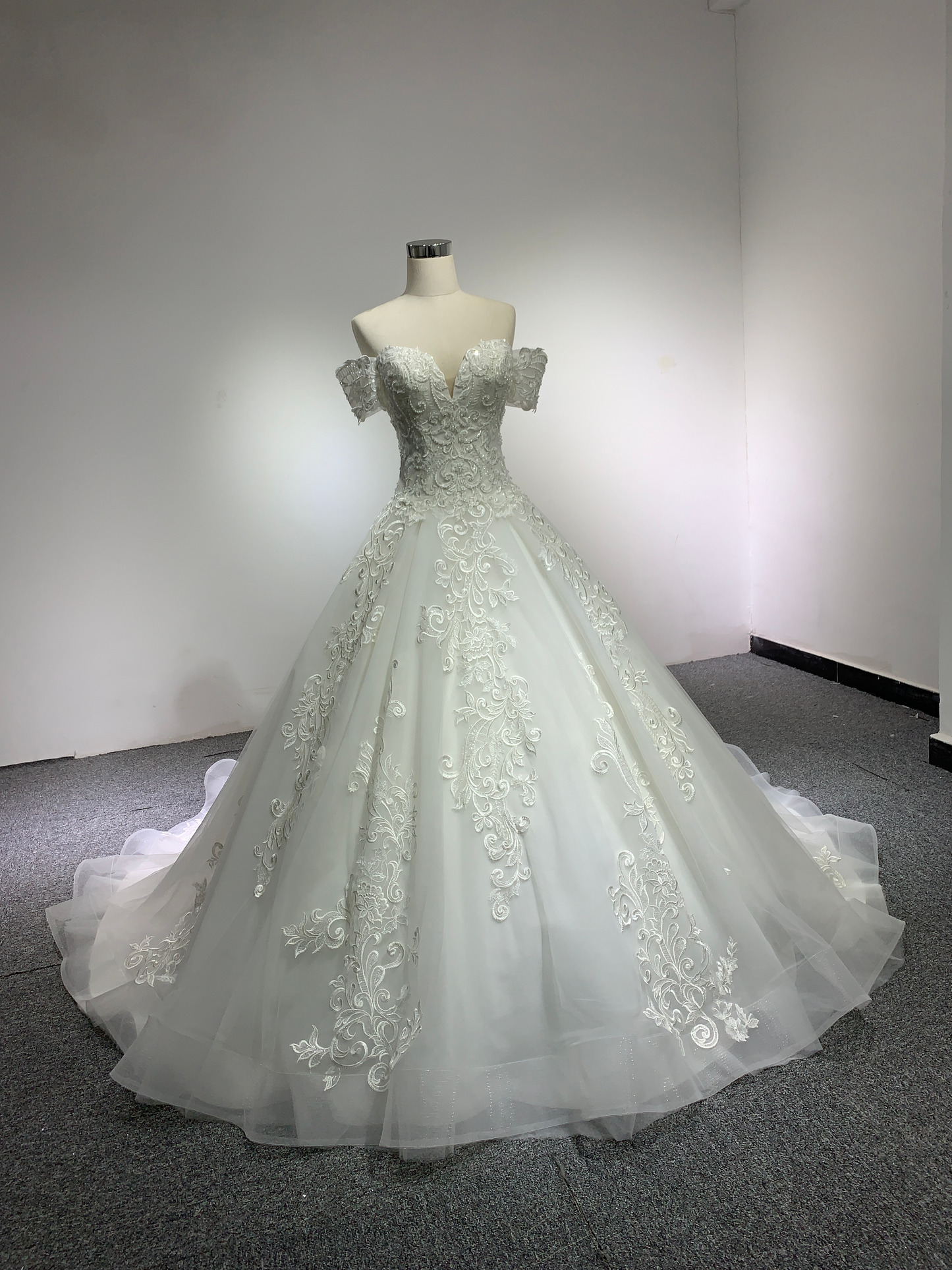 BYG chapel train off the shoulder lace wedding gown Ball gown wedding dress BYG Wedding Factory 