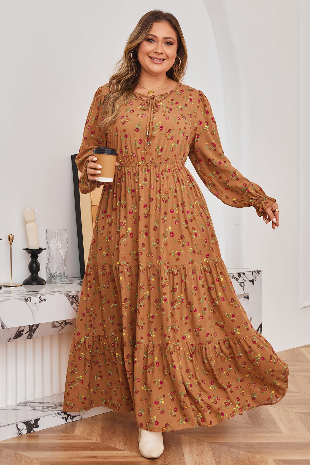 Plus Size Floral Split V Neck Ruffled Tiered Maxi Dress - Plus Size XL-4XL - View 1