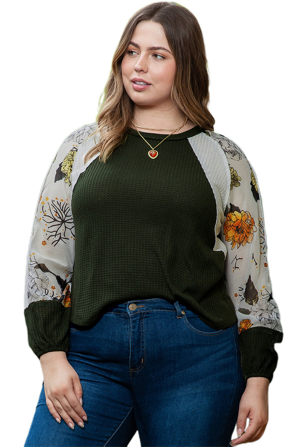 Plus Size Floral Raglan Colorblock Patchwork Knit Blouse