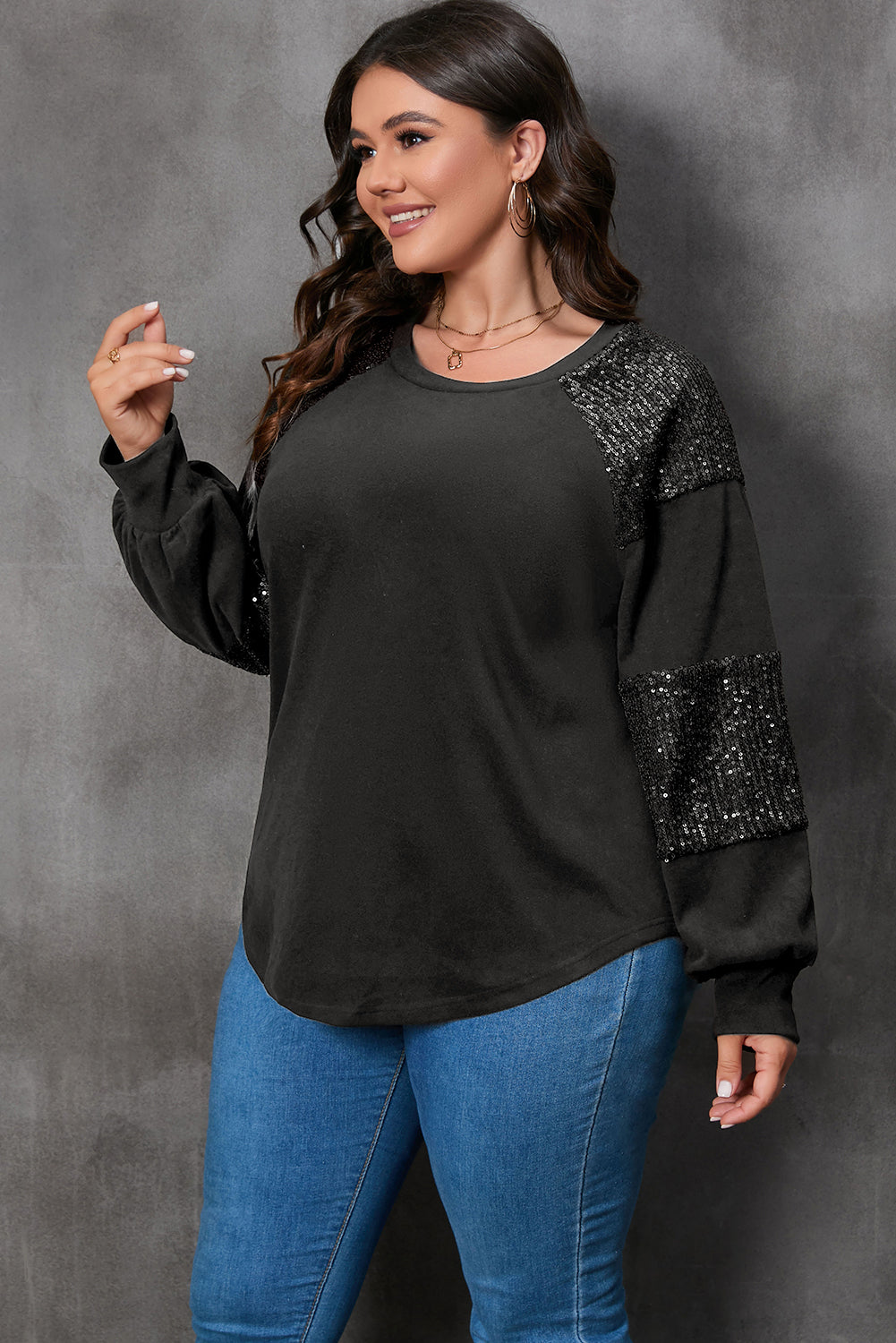 Plus Size Sequin Patchwork Crew Neck Long Sleeve Top