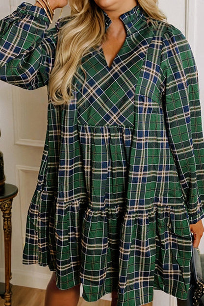 Plus Size Green Plaid Long Sleeve Shift Mini Dress - Plus Size XL-4XL - View 1