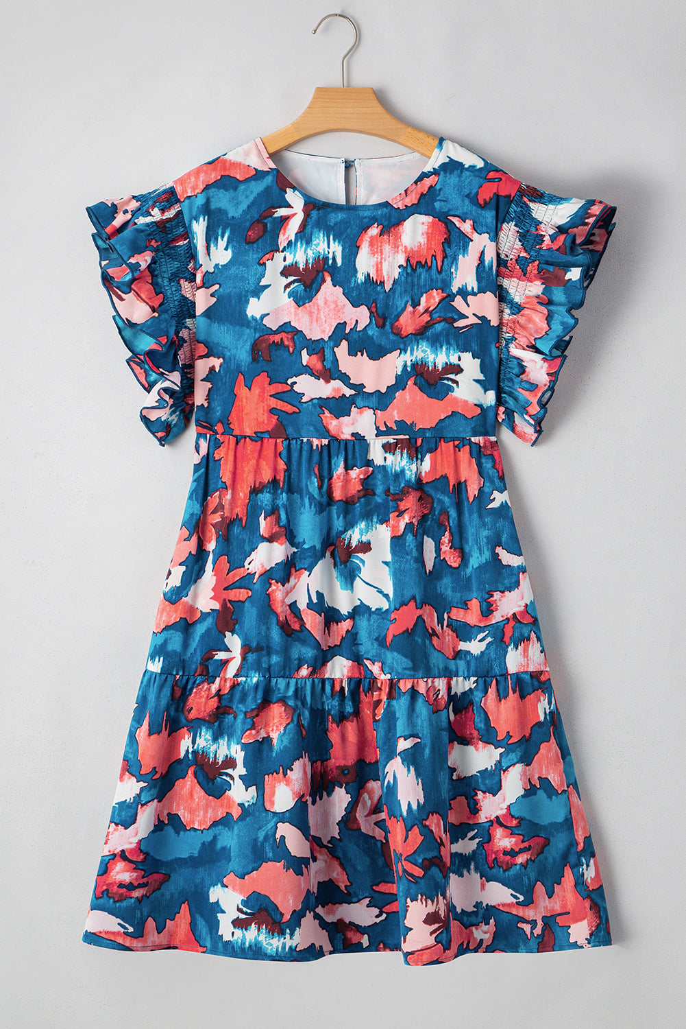 Plus Size Blue Abstract Shirred Ruffled Tiered Mini Dress - Plus Size XL-4XL - View 8