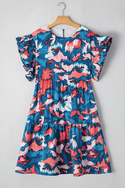 Plus Size Blue Abstract Shirred Tiered Mini Dress - Plus Size XL-4XL - View 8