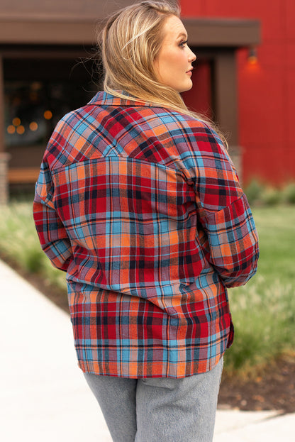 Plus Size Red Plaid Print Buttoned Shirt - Plus Size XL-4XL - View 2