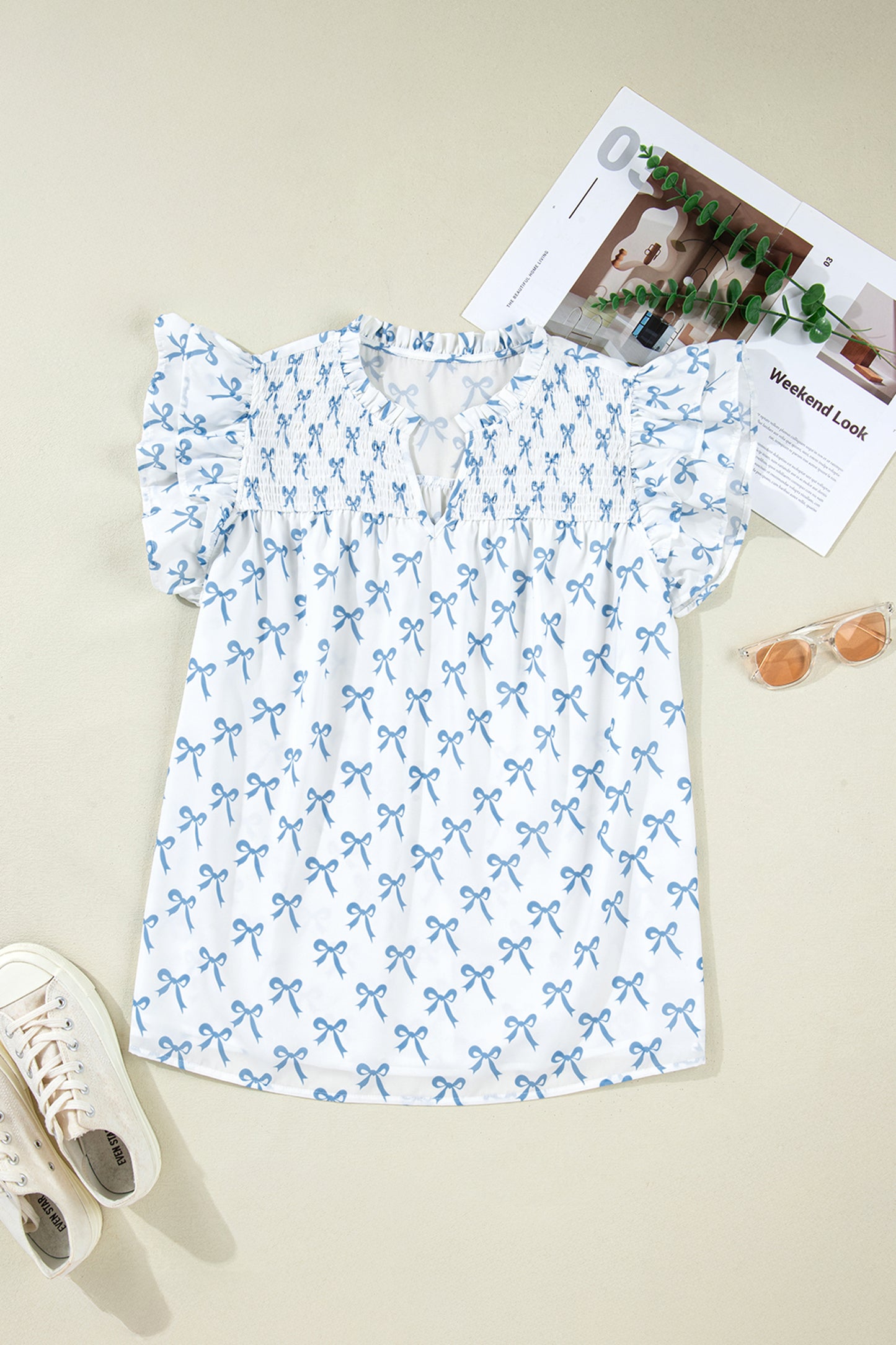 Plus Size Ruffled Short Sleeve Bow Print Top - Plus Size XL-4XL - View 8