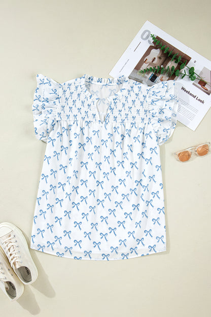 Plus Size Ruffled Short Sleeve Bow Print Top - Plus Size XL-4XL - View 8