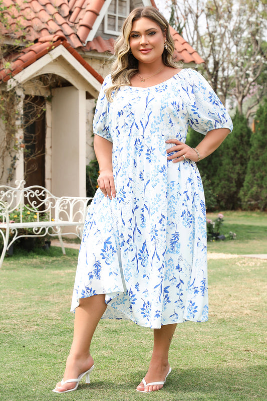 Plus Size Floral Print Sweetheart Neck Midi Dress