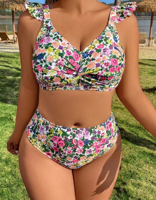 Plus Size Floral Ruffle Push-Up Bikini Set