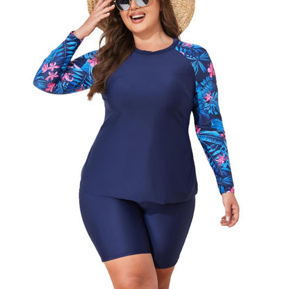 Plus Size Two-Piece Tankini Long Sleeve Swimwear - Plus Size Clothing
