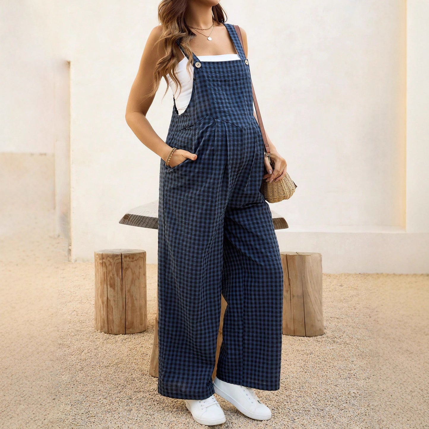 Plus Size Checkered Maternity Jumpsuit Loose Overalls