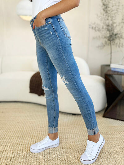 Plus Size Mid Rise Destroy & Cuff Skinny Jeans - Plus Size XL-4XL - View 9