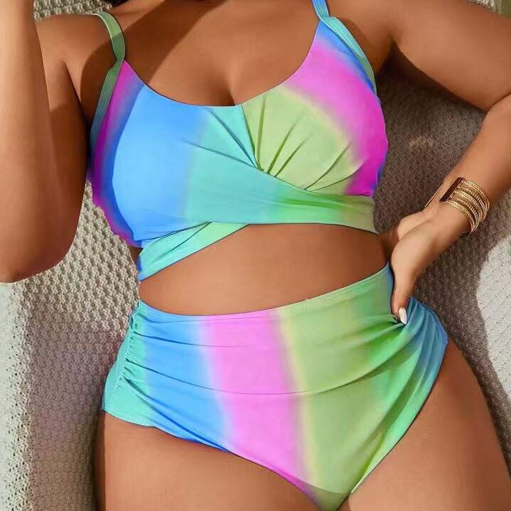 Plus Size Rainbow Stripe Two-Piece Bikini Swimwear