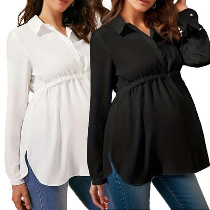 Fashionable solid color V-neck long sleeved maternity shirt - Plus Size Clothing