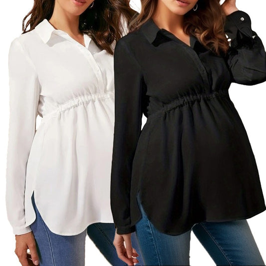 Fashionable solid color V-neck long sleeved maternity shirt - Plus Size Clothing