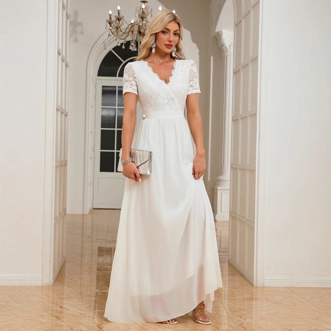 Plus Size Elegant Lace Trim Chiffon V-Neck Long Dress