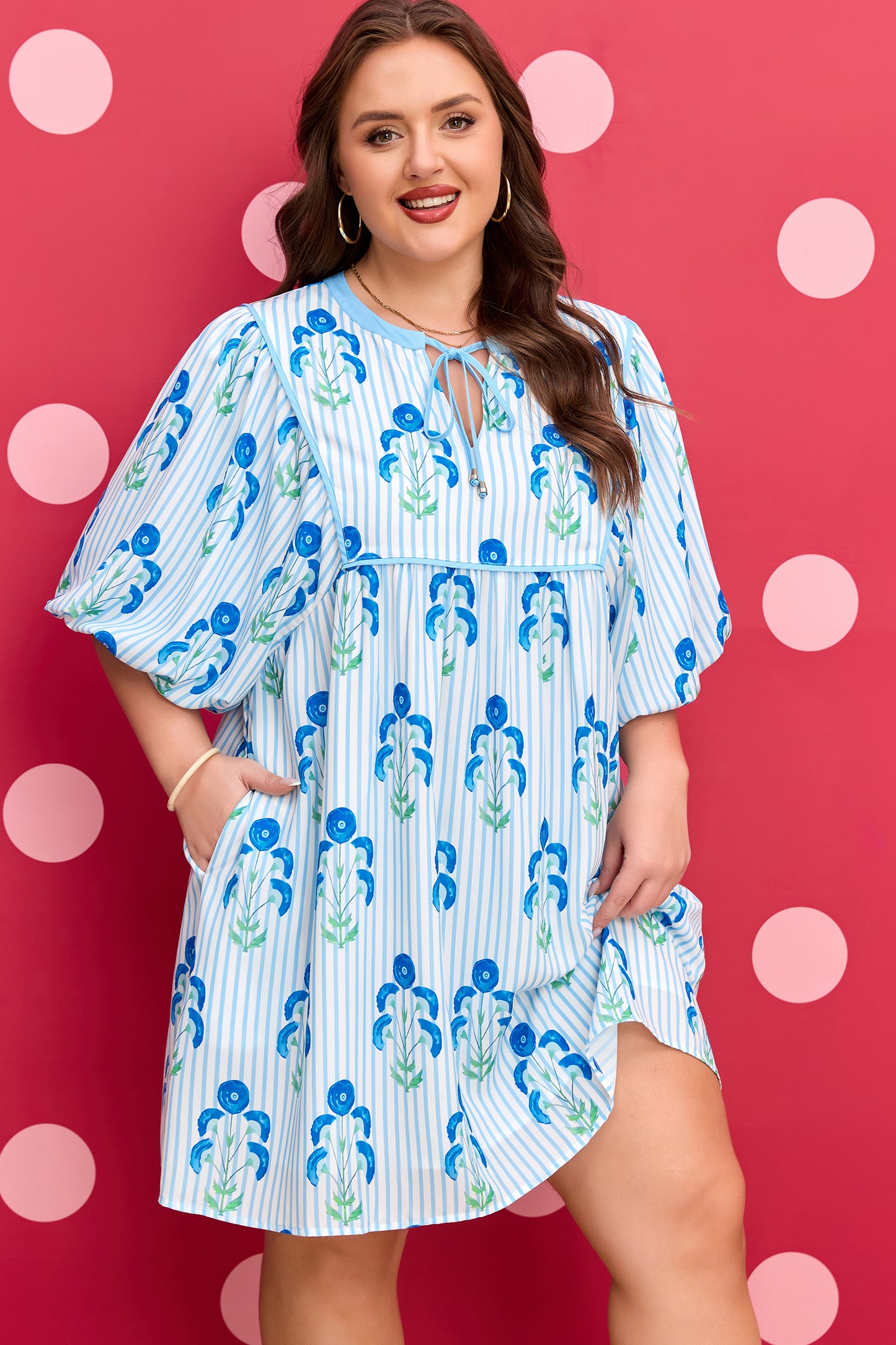 Plus Size Floral Striped Bubble Sleeve Dress - Plus Size XL-4XL - View 6