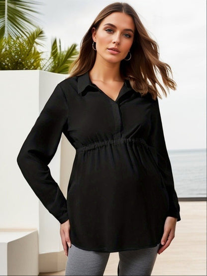 Fashionable solid color V-neck long sleeved maternity shirt - Plus Size Clothing