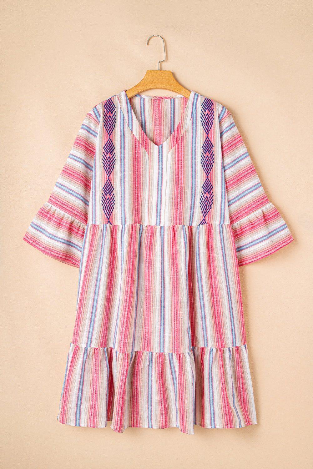Plus Size Embroidered Flared 3/4 Sleeve V Neck Dress - Plus Size XL-4XL - View 6