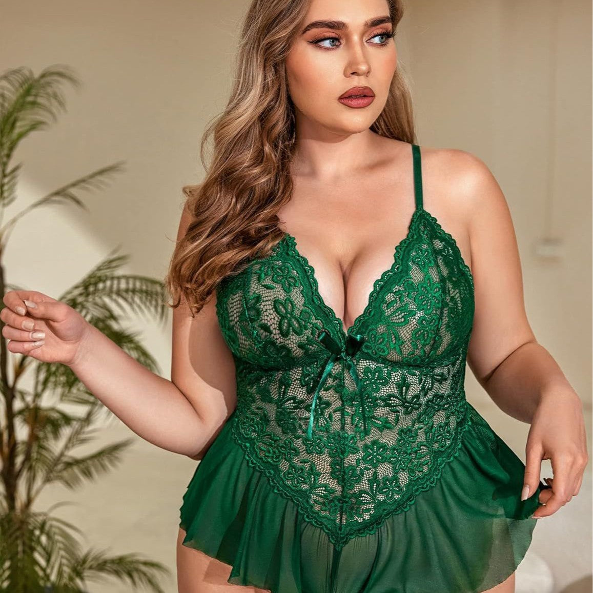 Plus Size Sexy Lace Deep V-Neck Sleepwear Dress