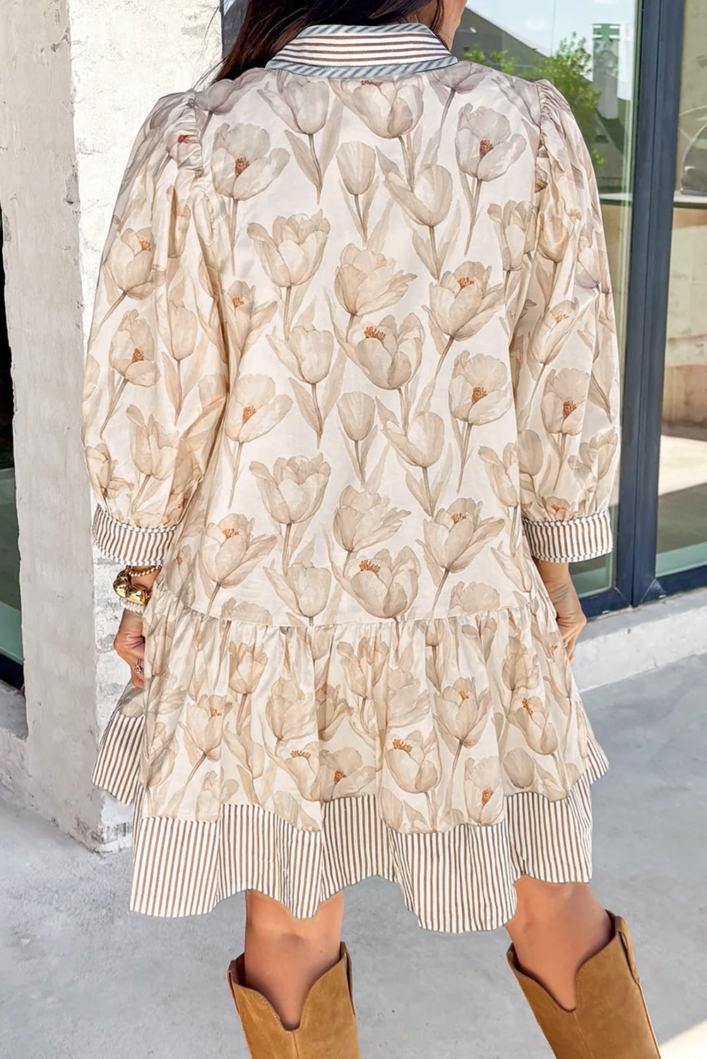 Plus Size Floral Print Striped Trim A-line Dress - Plus Size XL-4XL - View 7