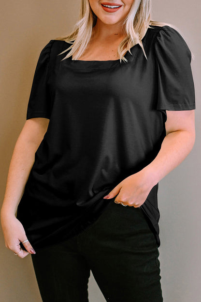 Plus Size Square Neck Ruched Shoulder Short Sleeve Top - Plus Size XL-4XL - View 1