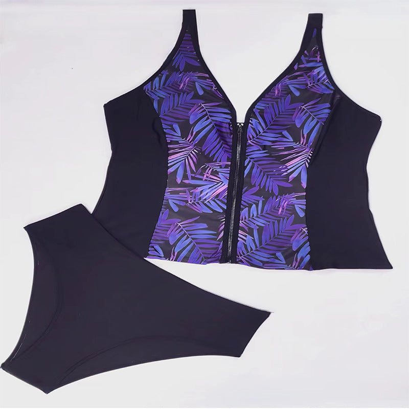 Plus Size Leaf Print Zipper Bikini Bottoms