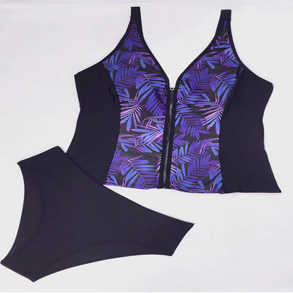 Plus Size Leaf Print Zipper Bikini Bottoms