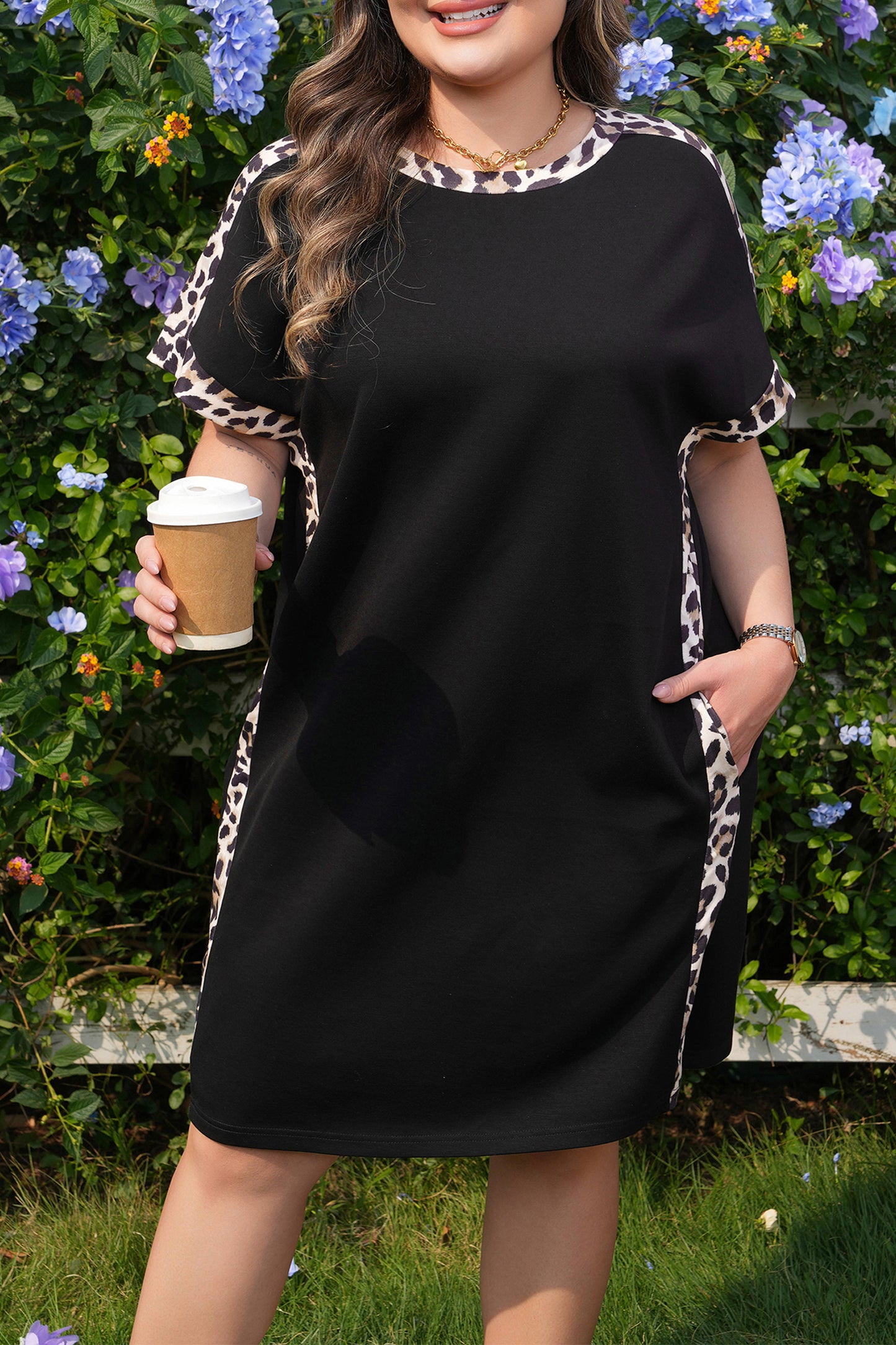 Plus Size Leopard Print Patchwork Shift T Shirt Dress