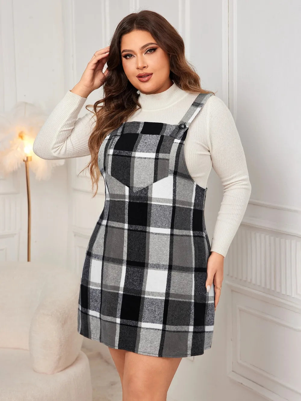 Plus Size Plaid Overall Mini Dress