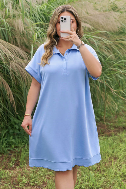 Plus Size Solid Scalloped Hem Button Neck Mini Dress - Plus Size XL-4XL - View 6