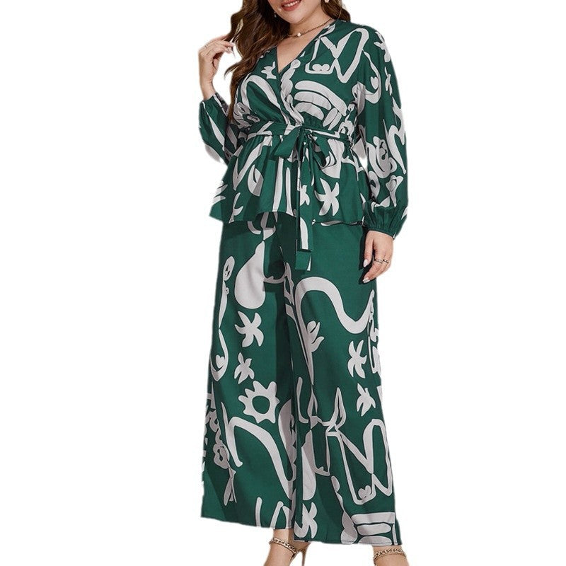 Plus Size Loose Retro Floral V-Neck Shirt Set
