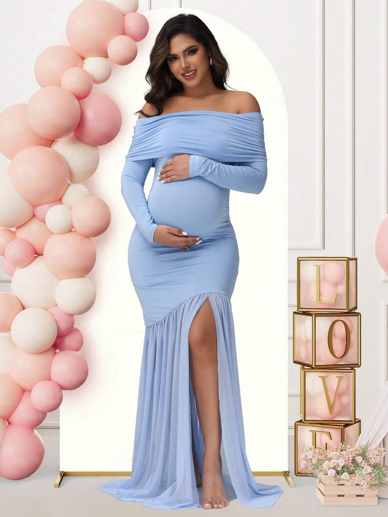 Elegant Fitted Bodycon Mesh Splicing Formal Maternity Dress - Plus Size Clothing